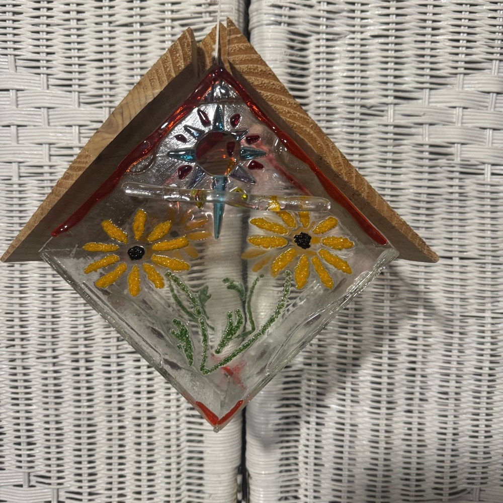Stained Glass Sunflower, hanging floral Birdhouse removable wooden top 6”